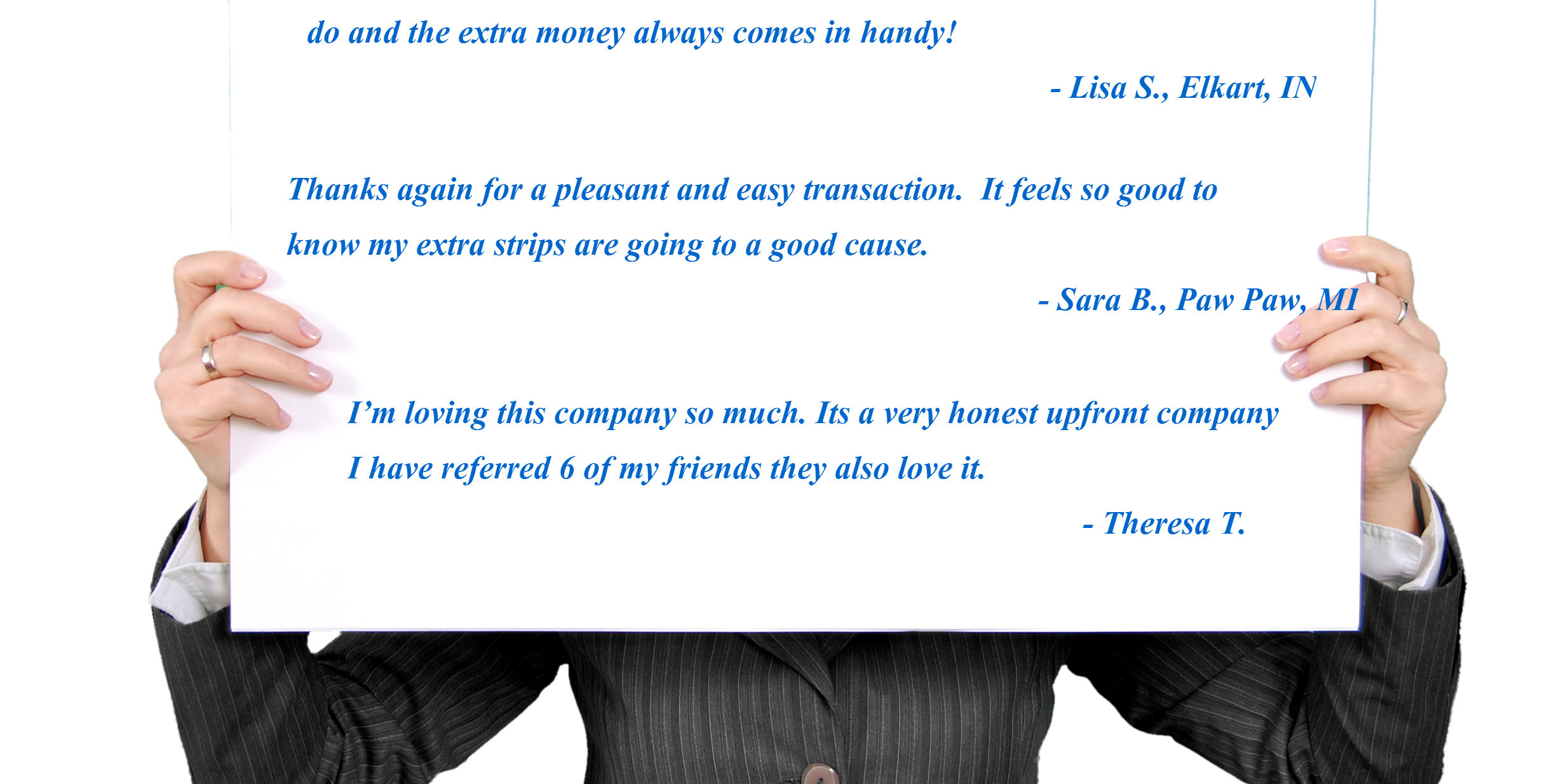 Person holding cardboard with customer reviews printed on it