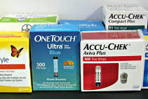 Boxes of brand name diabetic test strips