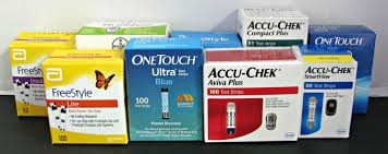 Boxes of brand name diabetic test strips