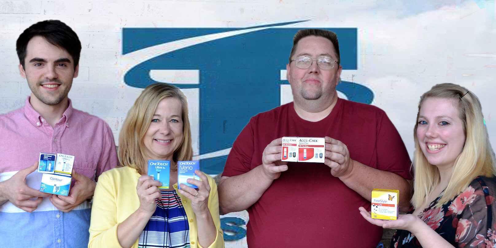 Our team is happy to buy diabetic test strips Four people holding boxes of diabetic test strips in front of logo