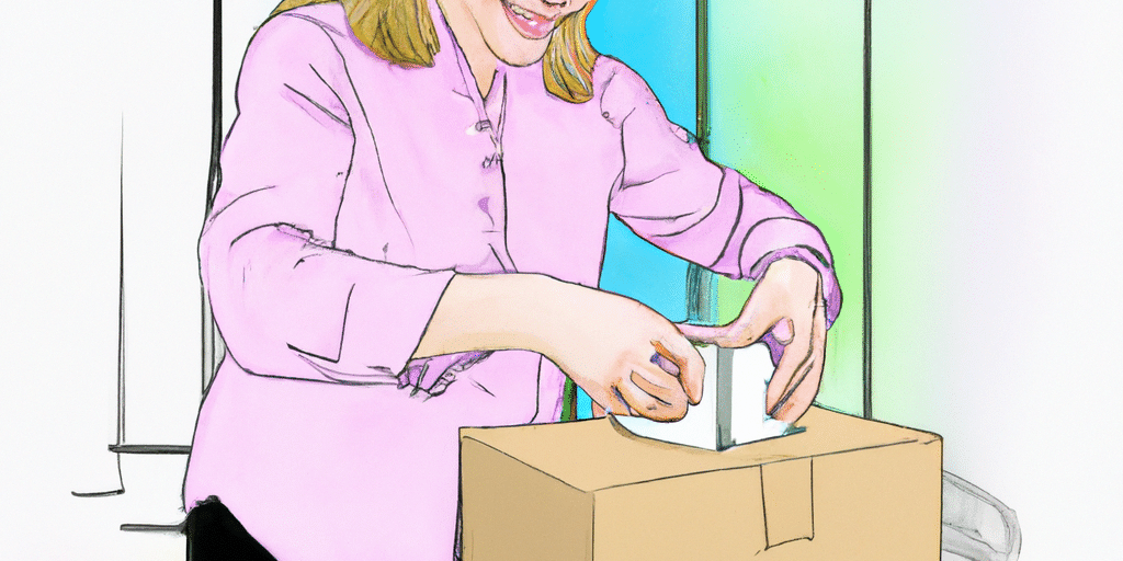DALL·E 2023-03-10 10.37.20 – colorful and detailed sketch of a happy middle aged lady putting small boxes of unmarked boxes into a shipping box. The image is from a distance.She Woman putting her test strips into a box to send to Test Strip Search!