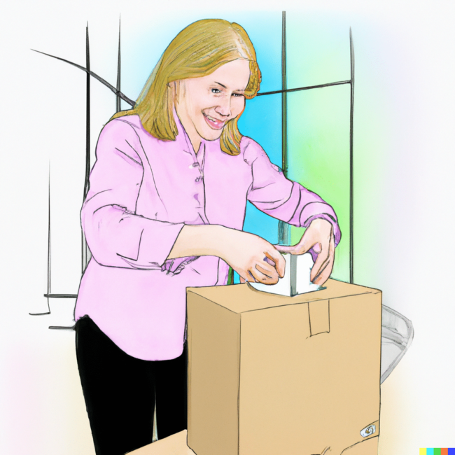 DALL·E 2023-03-10 10.37.20 – colorful and detailed sketch of a happy middle aged lady putting small boxes of unmarked boxes into a shipping box. The image is from a distance.She Woman putting her test strips into a box to send to Test Strip Search!